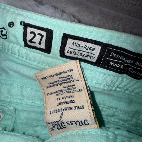 Miss Me Jeans 27 Mid-Rise Ankle Skinny Mint Green Embellished Angel Wing Pockets - Picture 8 of 12